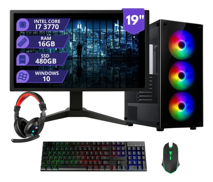 Pc Gamer Completo I7 3.4ghz 16gb Ssd 480gb 500w Monitor 19"