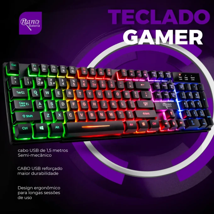 Teclado Gamer Semi Mecânico Led Rgb Abnt2 Usb Pc Computador - imagem 3
