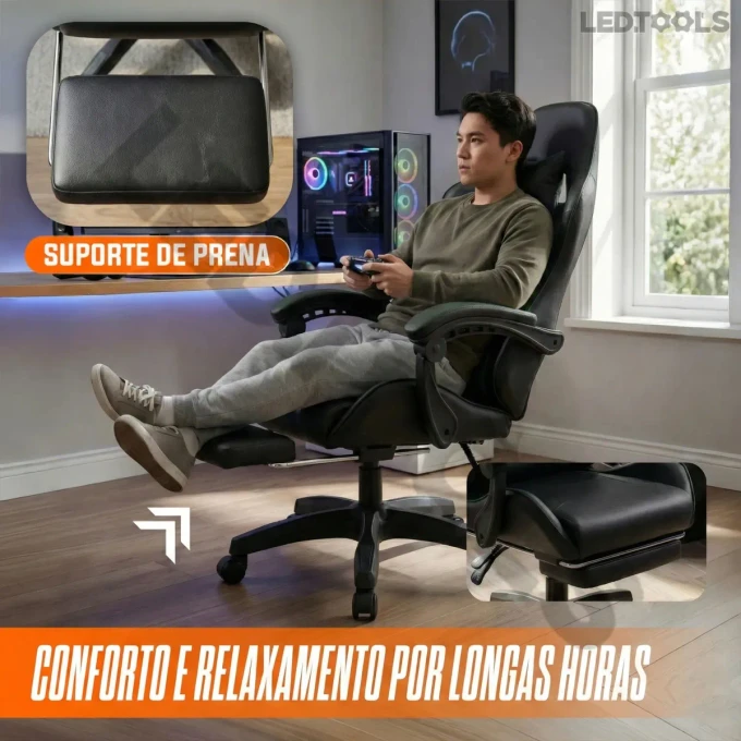 Cadeira Gamer Ergonômica Preta Reclinável Com Apoio dos Pés - imagem 9