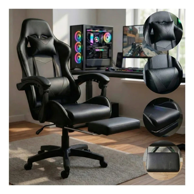 Cadeira Gamer Ergonômica Preta Reclinável Com Apoio dos Pés