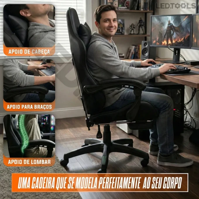 Cadeira Gamer Ergonômica Preta Reclinável Com Apoio dos Pés - imagem 3