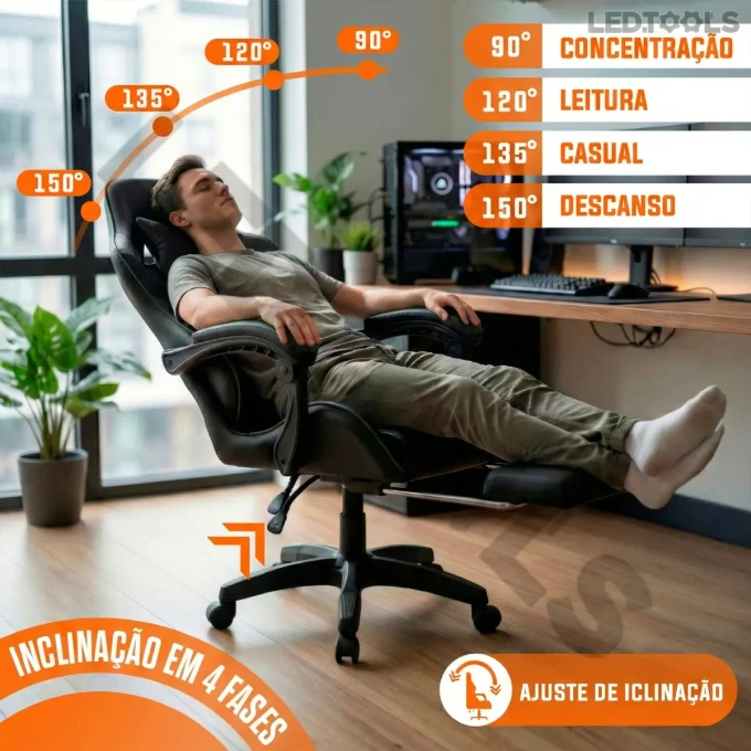 Cadeira Gamer Ergonômica Preta Reclinável Com Apoio dos Pés - imagem 5