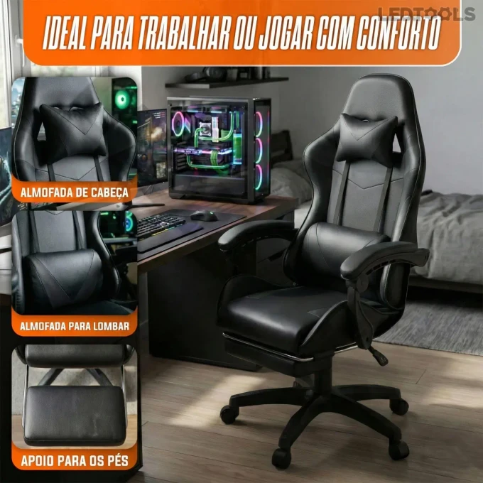 Cadeira Gamer Ergonômica Preta Reclinável Com Apoio dos Pés - imagem 2