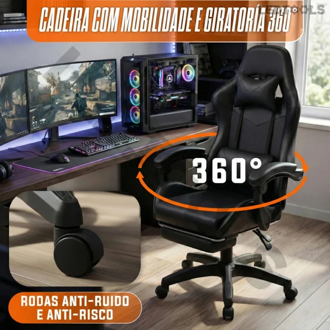 Cadeira Gamer Ergonômica Preta Reclinável Com Apoio dos Pés - imagem 8