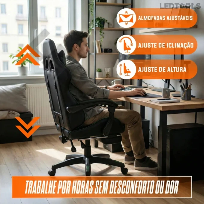 Cadeira Gamer Ergonômica Preta Reclinável Com Apoio dos Pés - imagem 6