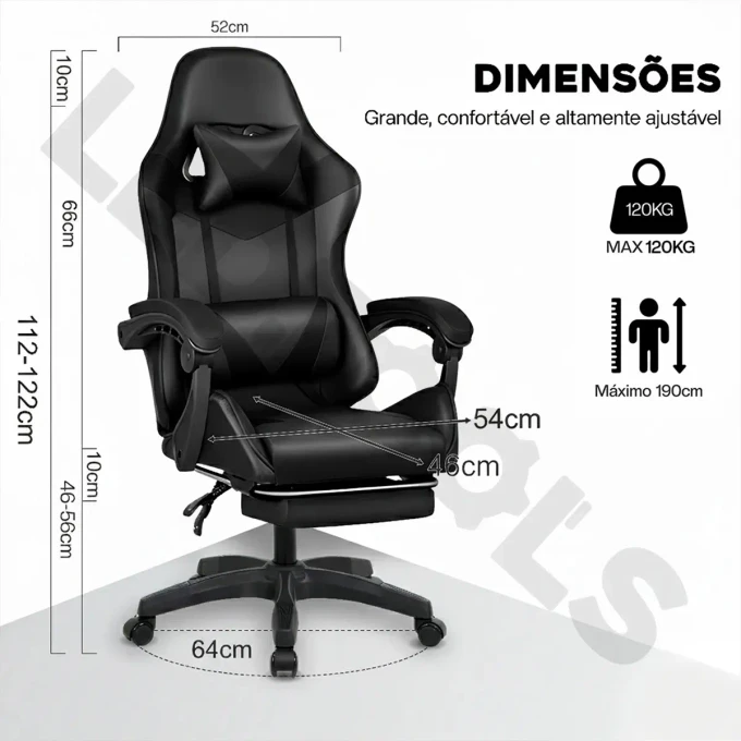 Cadeira Gamer Ergonômica Preta Reclinável Com Apoio dos Pés - imagem 7
